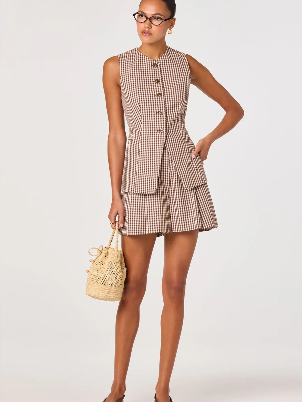 Astr Brown Gingham Sleeveless Button Vest & Mini Shorts Set - Picture 4 of 16